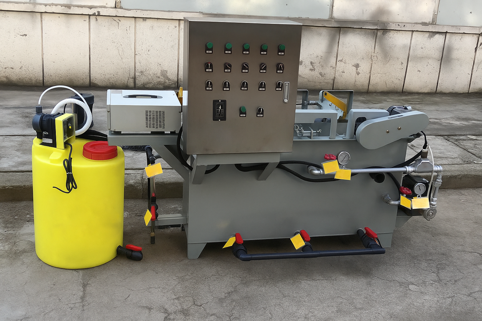 Técnico inspeccionando una planta de tratamiento de aguas residuales modular de color verde marca BIOMAX SYNERTECH, que incluye módulos de pretratamiento, decantación, DAF y oxidación avanzada. La planta está ubicada en un entorno industrial con techo alto y tuberías visibles. - ver más información
