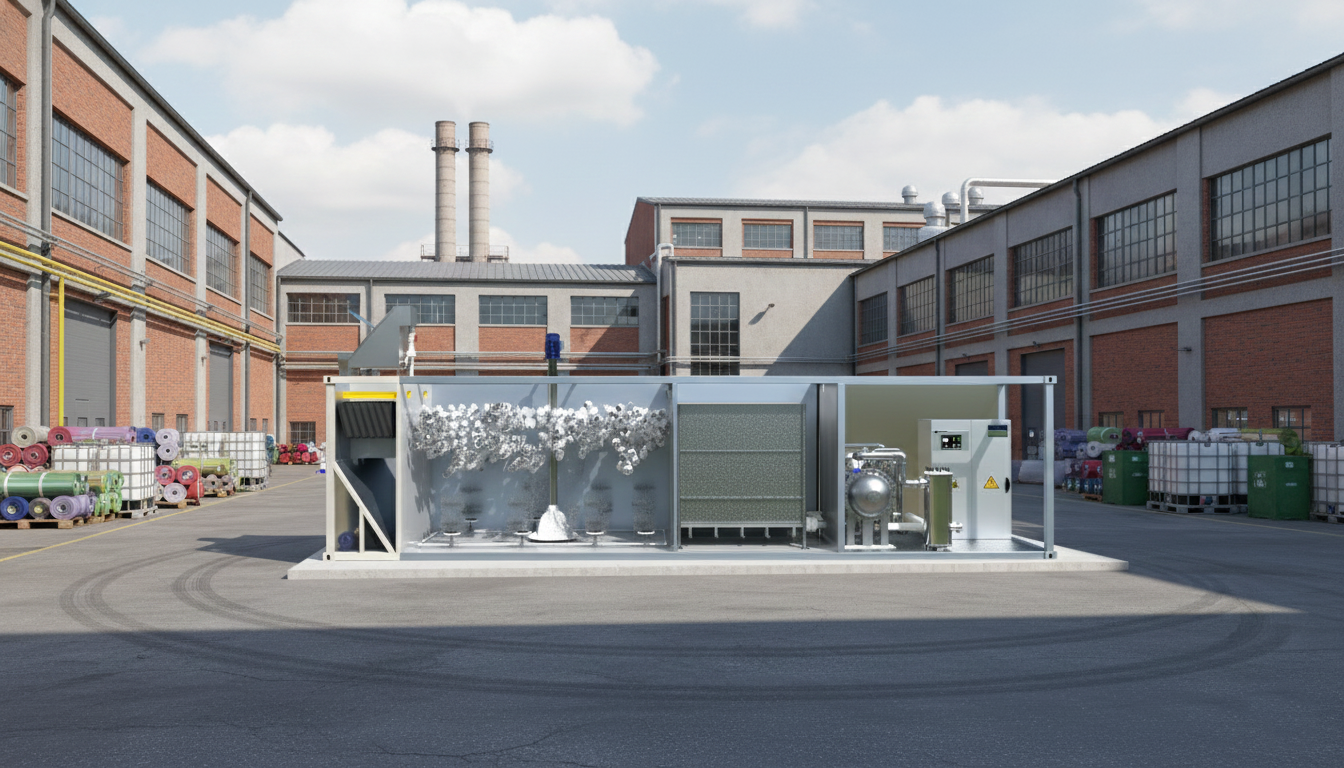 Técnico inspeccionando una planta de tratamiento de aguas residuales modular de color verde marca BIOMAX SYNERTECH, que incluye módulos de pretratamiento, decantación, DAF y oxidación avanzada. La planta está ubicada en un entorno industrial con techo alto y tuberías visibles. - ver más información